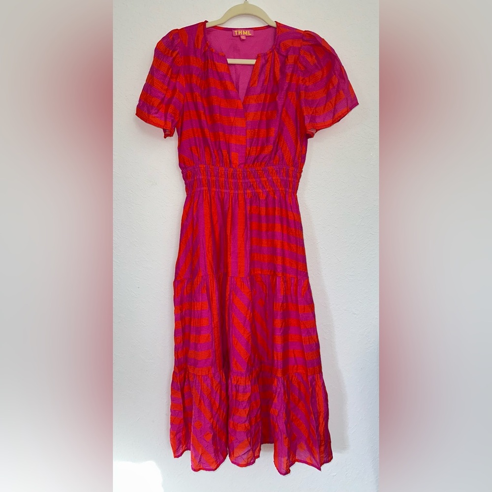 THML Anthropologie Pink & Orange Striped Tiered V Neck Midi Dress XS 🧡💕